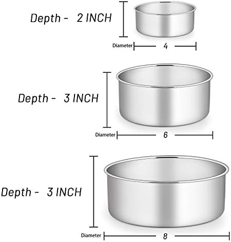 E-far Cake Pan Set of 3 (4/6/8 Inch), Stainless Steel Deep Cake Pans