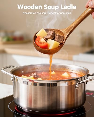 3PCS RAVS Wooden Ladle for Soup, 100% Natural Acacia Wood with 12.1" Long Handle, No-Scratch Cookware Surface, Wooden Soup Ladle for Cooking, Gravy, Sauce, Porridge
