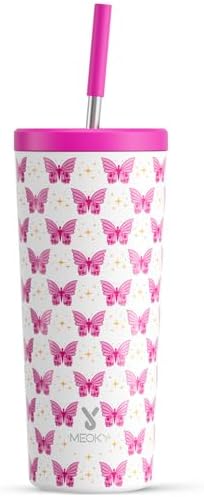Meoky 24 oz Insulated Tumbler with Lid and Straw, Stainless Steel Vacuum Insulated Tumbler, Keeps Cold for 24 Hours, 100% Leak Proof, Fits in Car Cup Holder (Butterfly)
