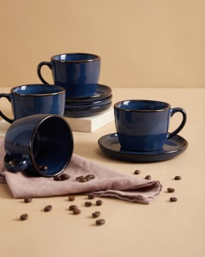 Pokini Stoneware Coffee Cups with Saucers, Cappuccino Cups, Mugs Set of 4