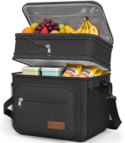HOTOR Lunch Box Men Women Double-Layer Insulated Lunch Bag Black 12L