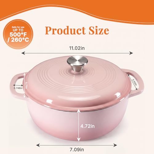 NEWBULIG Cast Iron Dutch Oven, 6 Quart Enamel Dutch Oven Pot with Lid, Heavy Duty Cookware for Sourdough Bread, Braising, Stews, Roasting, Safe up to 500°F, Pink