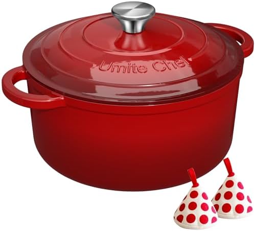 Umite Chef 7QT Enameled Cast Iron Dutch Oven with Lid & Cotton Potholders–Heavy-Duty Cookware for Bread Baking, Braising, Stews, Marinate, Cook(Red)