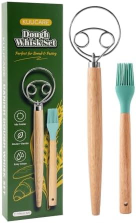 Danish Dough Whisk, 13-Inch Stainless Steel with Long Wooden Handle