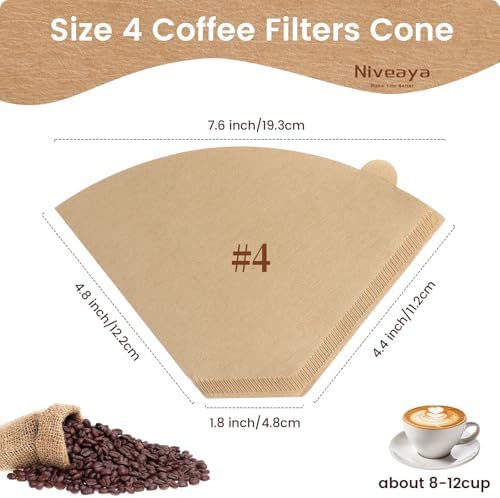 Niveaya Coffee Filters 600 Count, Coffee Filter #4 Cone, Natural Paper Coffee Filter 8-12Cup (natural brown-600pcs, 04)