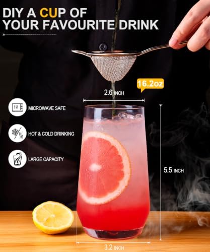 Drinking Water Glass Cups Set,Crystal Clear tall Glass cups set of 8,16.2oz