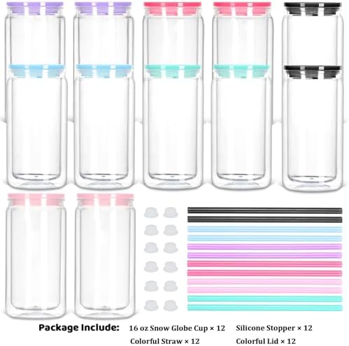 12 Pack Acrylic Snow Globe Tumbler with Pre Drilled Hole, 16 Oz Double Wall Plastic Can with Lid and Straw, Plastic Mason Jar Mug for Snow Globe Glitter DIY Gift (Mixed Colors)