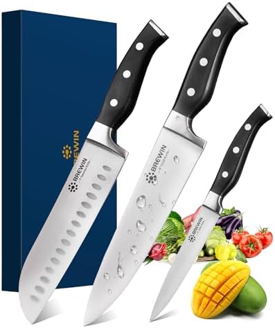 Brewin Professional Kitchen Knives, 3PC Chef Knife Set Sharp Knives for Kitchen High Carbon Stainless Steel, Japanese Cooking Knife with Gift Box