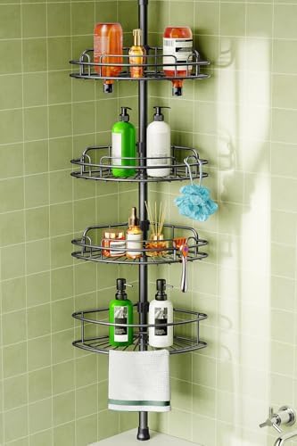 HAMITOR Corner Shower Shelves, 4-Tier AdjustableTension Caddy for Renters