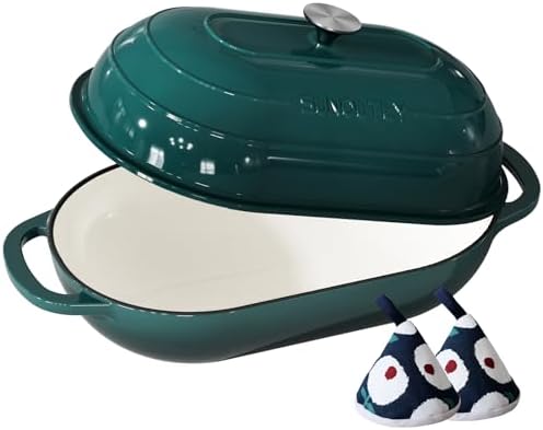 Enameled Cast Iron Bread Oven, 5QT Cast Iron Dutch Oven for Homemade Sourdough Bread Baking, Oval Bread Pot with Dome Lid & Cotton Potholders, Bottle Green