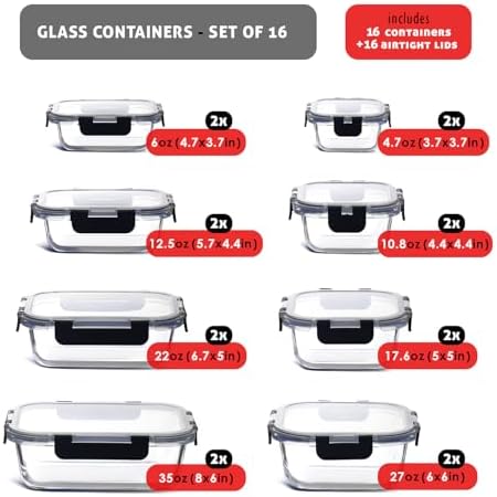 EATEX 32pc Glass Food Storage Containers with Lids, Airtight Glass Meal Prep, 16 Reusable Food Containers with 16 Leakproof Snap Lock Lids Oven Microwave Freezer Safe Lunch Containers