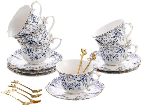 TATSUMI Country Roses 18 Peices Bone China Tea Cup And Saucer Set, English Vintage Tea Cups Of 6 For Women And Tea Party Sets（QH,6 SETS）