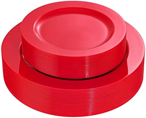 FLOWERCAT 60PCS Red Plastic Plates - Heavy Duty Red Plates Disposable for Party - Include 30PCS 10.25inch and 30PCS 7.5inch for 30 guests Birthday Party & Events &4th of July
