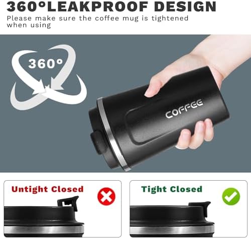 Insulated Travel Coffee Mug, Stainless Steel Coffee Cup with Leakproof Lid