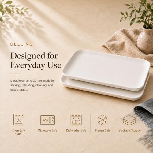 DELLING 18 Inch Large Serving Platter Set of 2, White Porcelain Serving Trays 18" x 12.3", Rectangular Platters for Turkey Fruit Appetizer Party, Oven Microwave Dishwasher Safe, Wedding Entertaining