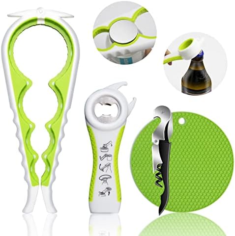 Jar Opener for Weak Hands, Seniors with Arthritis, 5 in 1 Multi Function Bottle Opener Lid Opener For Arthritic Hands with Non Slip Rubber Jar opener Gripper Pad and Corkscrew Wine Opener(GREEN)