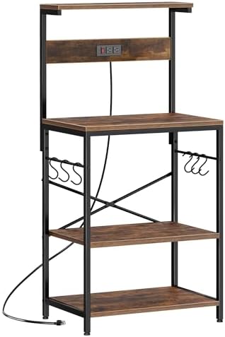 SUPERJARE Kitchen Bakers Rack with Power Outlet, Coffee Bar Table 4 Tiers, Kitchen Microwave Stand with 6 S-shaped Hooks, Storage Shelf Rack for Spices, Pots and Pans - Rustic Brown