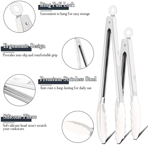 TeamFar Kitchen Tongs, 9"&12" Stainless Steel Heat Resistant Cooking Tongs