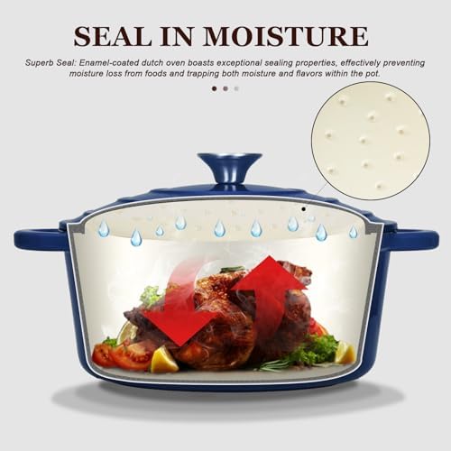 Overmont Enameled Cast Iron Dutch Oven - 7QT Pot with Lid Cookbook & Cotton Potholders - Heavy-Duty Cookware for Braising, Stews, Roasting, Bread Baking IndigoBlue
