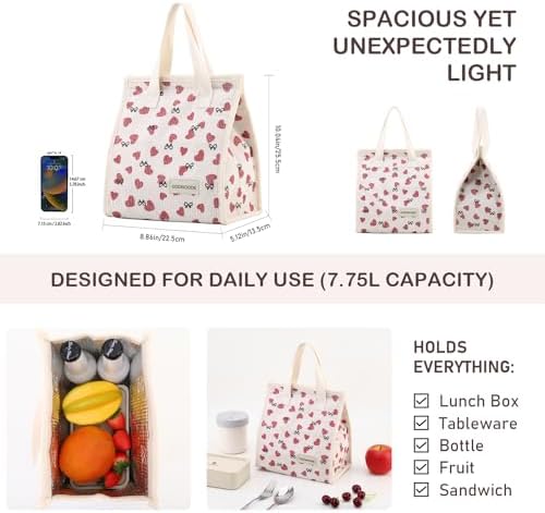 TELLUMO Corduroy Insulated Lunch Bag, 7.75L Large Capacity Reusable Lunch Box, Cute Lunch Tote for Women Men, Leakproof Lunch Cooler for Work Picnic Travel (Corduroy Love)
