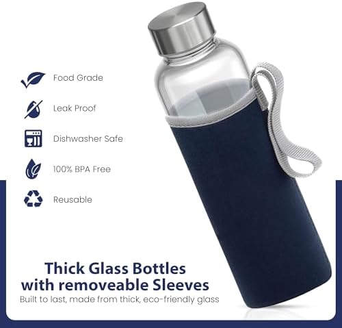 Epica Clear Glass Bottles with Lids, 18 oz Water Bottles, with sleeves