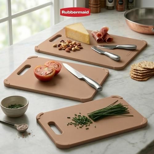 Rubbermaid 3pc Reversible Wheat Fiber Cutting Board Set | BPA Free Non Toxic Cutting Boards for Kitchen – Dishwasher Safe, Non-Slip Corners & Lightweight | For Meat, Veggies & Fruits