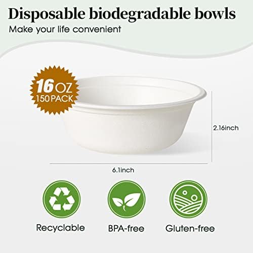 ECOLipak 150 Pack 16 oz Compostable Paper Bowls Disposable, White