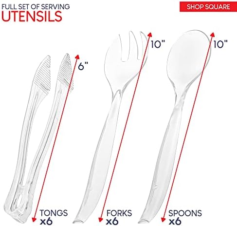 Disposable Plastic Serving Utensils - Set of 18 Clear Buffet Serving Utensils, 6 Each 6" Tongs, 10” Spoons, 10” Forks