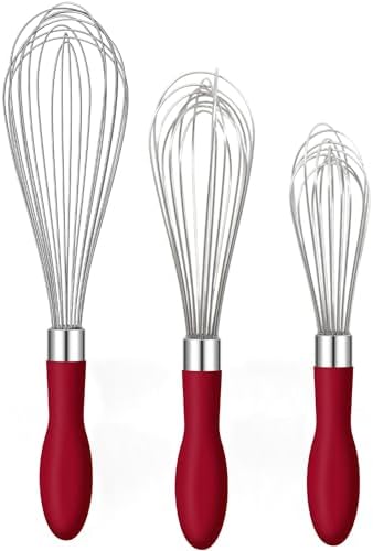 Whisk for Cooking Reinforced Anti-Break Handle Stainless Steel 3Pack Red