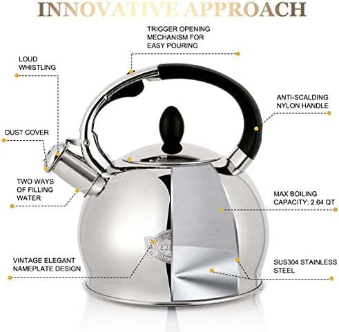 SUSTEAS Whistling Tea Kettle, 2.7QT Food-Grade Steel Teapot, SILVER