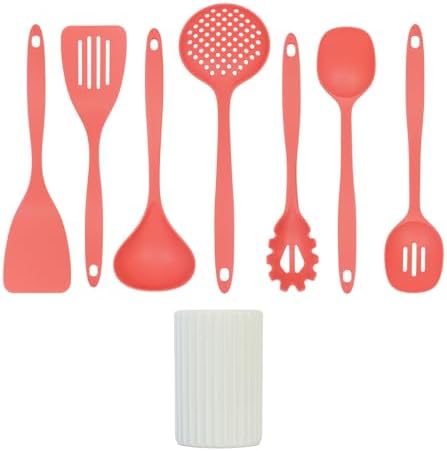 Glad Kitchen Utensils Set, 8pcs - Nonstick Cooking Tools with Utensil Holder - Nylon Spoon, Ladle, Skimmer, Spaghetti Server, and Turner Spatula Set - Dishwasher Safe, Rust
