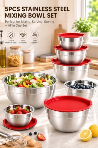 Stainless Steel Mixing Bowl Set with Lids, 5PCS Kitchen Food Prep Bowls