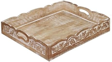 COTTON CRAFT Hand Carved Wooden Serving Tray - Breakfast Tray with Handles