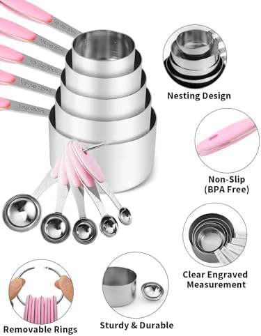 Joyhill Stainless Steel Measuring Cups and Spoons Set of 10 Piece, Nesting Metal Measuring Cups Set with Soft Touch Silicone Handles for Dry and Liquid Ingredients, Cooking & Baking (Pink)