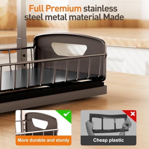 Under Kitchen Sink Organizer, Metal Pull Out Bathroom Organizers and Storage, 2-Tier Cabinet Organizer Shelf with Sliding Drawer, Home Organization for Kitchen, Laundry, Pantry, Brown, 2 pack
