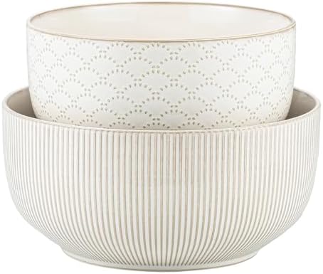 Mikiegy Ceramic Mixing Bowls Set of 2, Nesting Ceramic Embossment Stoneware Mixing Bowls for Cooking, Serving, Popcorn, Salad etc, Microwave & Dishwasher Safe, 98/145 oz, Off-White