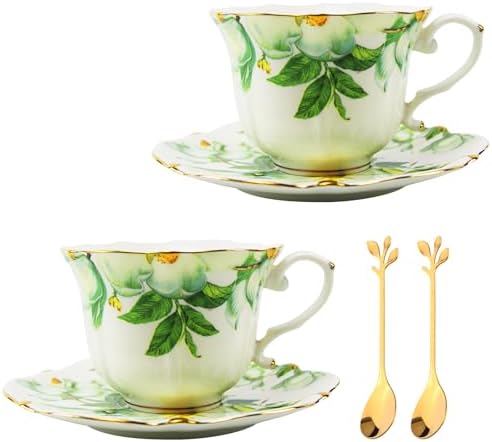 Country Roses Porcelain Tea Cup and Saucer Set with Gold Trim, Vintage Style, For Women and Tea Parties (2, Green)