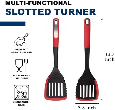 Heat-Resistant Silicone Slotted Turner with Sawtooth Edge, Multi-Purpose Kitchen Spatula for Non-Stick Pans, Cutting/Grinding Garlic, Eggs, Red