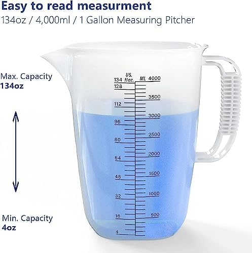 WhiteRhino 1 Gallon 134oz Measure Pitcher,US Conversion Chart, Extra Large Plastic Measuring Cup-Strong Food Grade, Graduated Mixing Pitcher for Lawn, Pool Chemicals,Home Hobbies,Motor Oil and Fluids