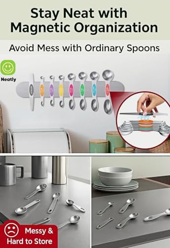 Magnetic Measuring Spoons Set Of 8, Heavy Duty 304 Stainless Steel Metal, Fits in Most Kitchen Spice Jars for Baking & Cooking, BPA Free,Measuring Dry & Liquid Ingredients Rainbow)