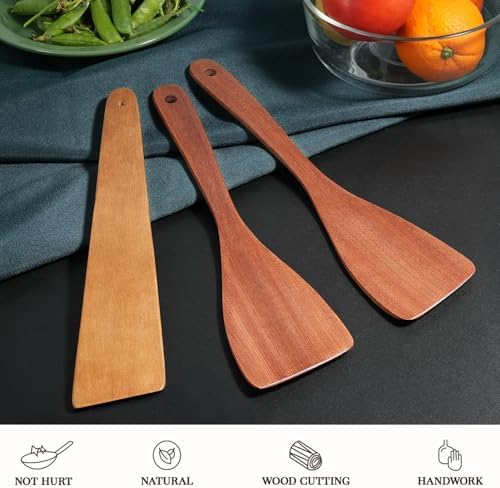 MORGLES 3Pcs Wooden Spatula Set, Long Handle for Nonstick Pans Cooking