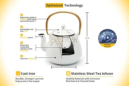 TOPTIER Japanese Cast Iron Tea Kettle with Infuser,Teapot Stovetop Safe, Leaf Design , Coated with Enameled Interior for 32 Ounce (950 ml), White