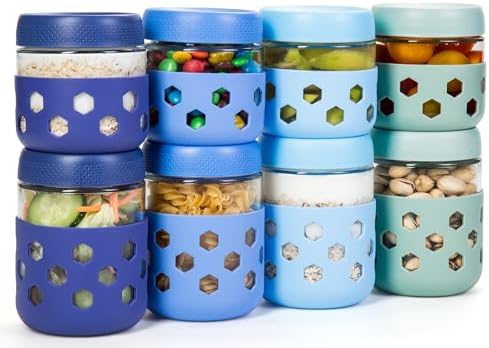 Gemice 8-Pack 16 oz & 10 oz Glass Mason Jars with Silicone Sleeves, Airtight BPA-Free Overnight Oats Containers with Lids, Dishwasher Safe Leak-Proof Meal Prep Jars for Chia Pudding, Yogurt, Snacks