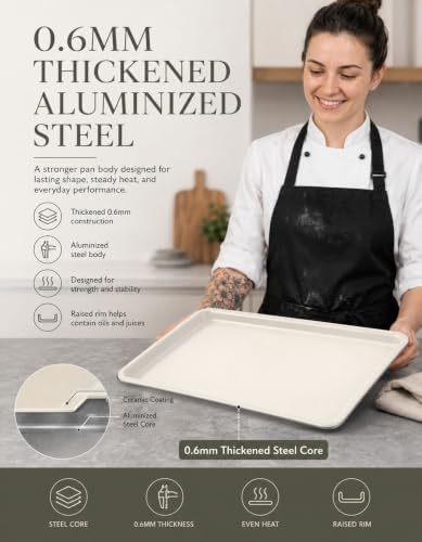 Boxiki Kitchen Ceramic Baking Sheet Half Size 17"x11" - Heavy Duty 0.6mm Aluminized Steel Pan, KFCC Ceramic Nonstick Cookie Sheet, Oven Safe to 550°F, Rustproof & Warp Resistant Baking Tray (2PCS)