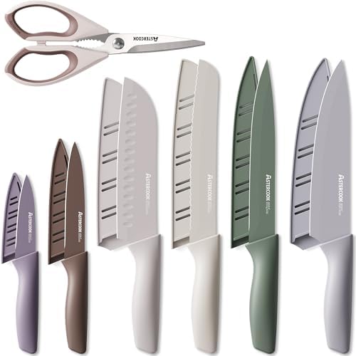 Astercook Knife Set, 13 Pieces Kitchen Knives Set with Healthy Anti-Rust Coating, Dishwasher Safe, Stainless Steel Chef Knife Sets with 6 Blade Guards, Perfect Holiday Gifts for Kitchen Morandi