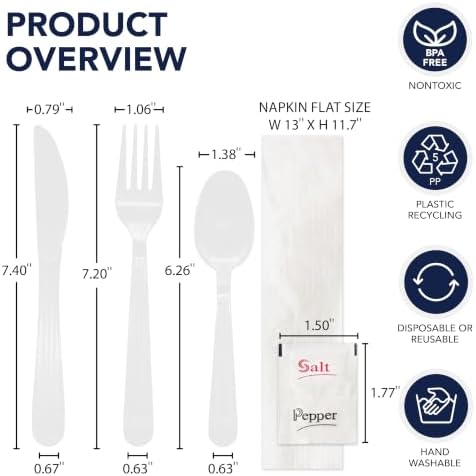 Party Essentials Individually Wrapped Plastic Cutlery Packets/Heavy Duty Silverware Kits, Fork/Spoon/Knife/Napkin/Salt/Pepper, 50 Utensils Sets, White