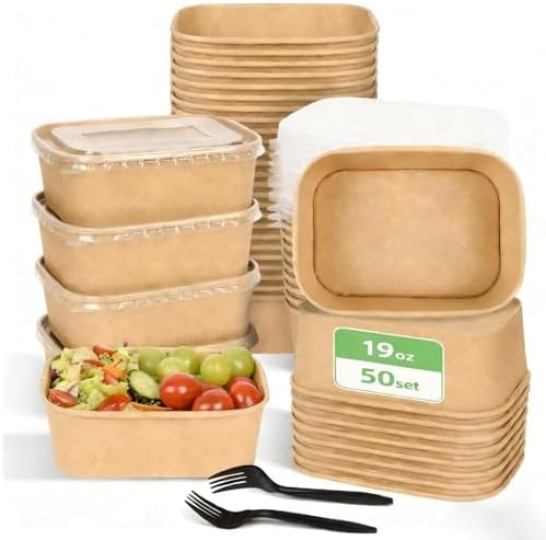 50 Pack Disposable Meal Prep Containers, 19oz Disposable Large Paper Bowls with Lids and Forks for Salad, Noodles, Freezer and Microwavable Storage Use Cardboard Food Containers