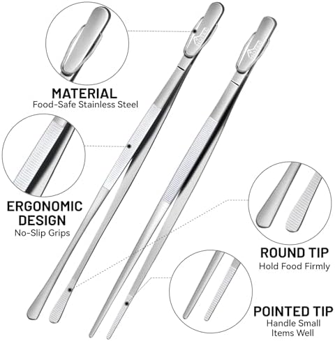 HOTEC Kitchen Tweezers Stainless Steel Cooking Tweezers 2 Pcs-12"
