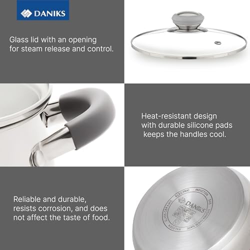 Daniks Modern 6-Piece Stainless Steel Cookware Set with Glass Lids, Tri-Ply Bases for Even Heating, Induction Compatible, Dishwasher Safe, Heatproof Handles