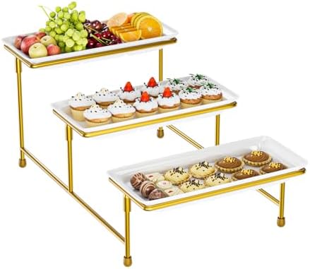 3 Tier Serving Tray, 15" Steel Stand, BPA Free Tiered Platter, Gold